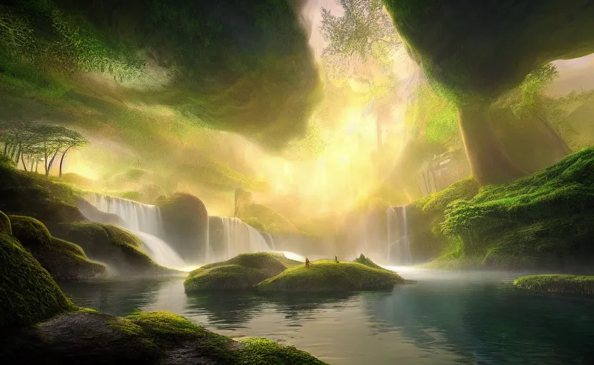 Prompt: a beautiful and stunning professional digital artwork of a humongous mushroom cave, haze, waterfall, lake, spores in the air, volumetric lighting, hyperrealistic, sunset, rtx on, ultra detail