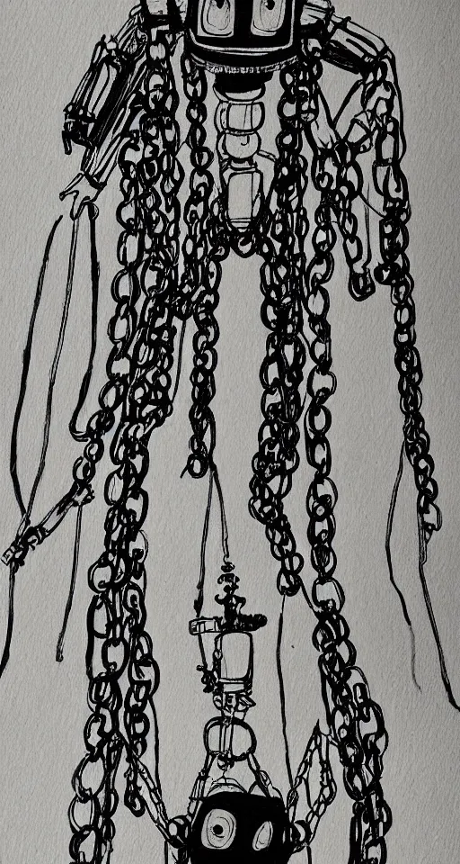 Prompt: a robot hanging by chains upside down peacefully, beautiful ink painting inspired by the hanged man tarot card, sharp lines