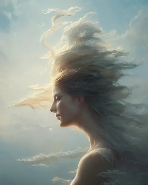 Prompt: a beautiful portrait of a serene beautiful wind goddess fading into the clouds by Greg Rutkowski and Raymond Swanland, Trending on Artstation, ultra realistic digital art