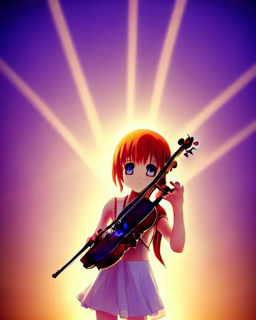 Image similar to anime style, chibi, full body, a cute girl with white skin and golden long wavy hair holding a violin and playing a song, heavenly, stunning, realistic light and shadow effects, modern art, realism, centered, landscape shot, happy, simple background, studio ghibly makoto shinkai yuji yamaguchi