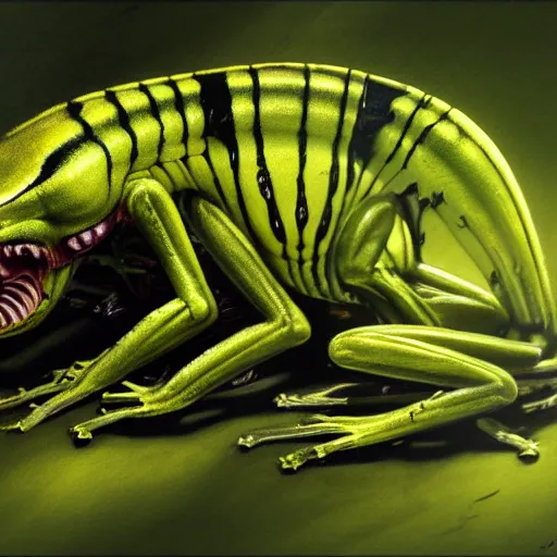 Prompt: yellow dart frog, xenomorph, jumping to a leaf, hunting a mosquito, by artist giger, concept art for movie, low saturated colors, extreme detail, 4 k, detailed concept art, realistic lighting, sharp focus, backlit