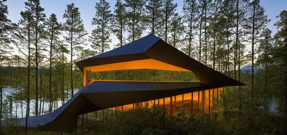 Image similar to faceted roof planes lift and descend creating shade and architectural expression, highly detailed, situated in the forest, next to a highly reflective lake, at dusk, vivid color