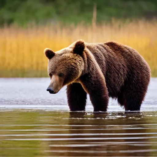 Image similar to a brown bears sees it's reflection in the lake ( eos 5 ds r, iso 1 0 0, f / 8, 1 / 1 2 5, 8 4 mm, postprocessed, crisp bokeh )