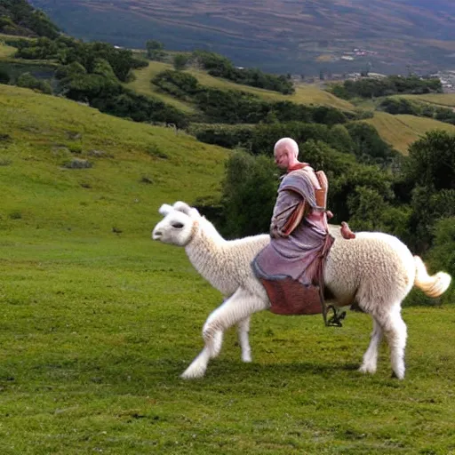 Image similar to rohirrim, riding toward minas tirith on alpacas