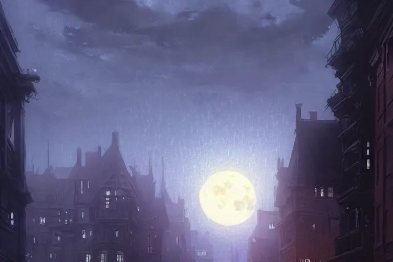 Prompt: a monster silhouette in the sky above a victorian city, scene in a rainy night. full moon, 1 8 9 0, key visual, conceptart, ambient lighting, highly detailed, digital painting, artstation, concept art, sharp focus, by makoto shinkai and akihiko yoshida and greg manchess