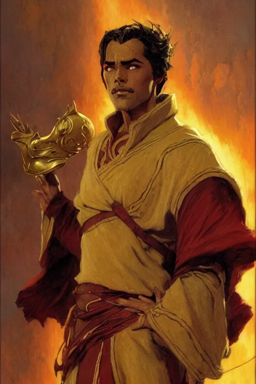 Image similar to tales of earthsea, attractive male with golden mask, character design, painting by gaston bussiere, craig mullins, j. c. leyendecker, tom of finland