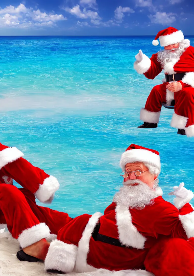 Image similar to santa claus sunbathing on the beach, 3d rendering of photo realistic image, super detailed, 4K,cinematic look