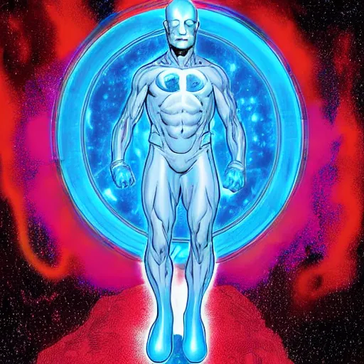 Prompt: a highly detailed digital painting of elon musk as dr. manhattan from watchmen, comic book cover by mark bagley