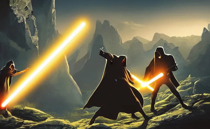 Image similar to two hooded figures engaging in an epic lightsaber duel on a cliffside, epic, fantasy artwork, intense, cinematic, raytracing, dynamic lighting, 4 k