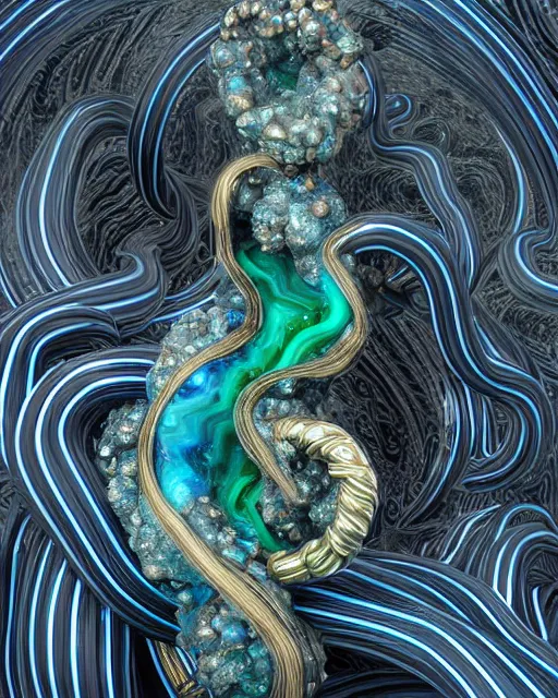 Image similar to a photo of a multi faceted blue and emerald and amethyst crystal geode formation with epic black and white smoke snake wrapped around it with liquid gold tendrils by jean pierre roy by stanisław szukalski by beeple, octane render, recursive, tendrils, tessellation, elestial crystals, geode, refracted light