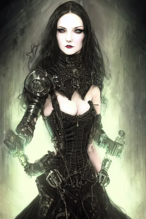 Image similar to beautiful gothic and victorian and evil and dieselpunk medieval female armor portrait like lisa blackpink+smoky eyes+front face with light flowing hair, ultradetail face, ruined gothic cathedral, art and illustration by tian zi and craig mullins and WLOP and alphonse mucha, ssci-fi, fantasy, neon lights reflect, intricate complexity, human structure, fantasy character concept, watermark, blurry, hyperrealism 8k