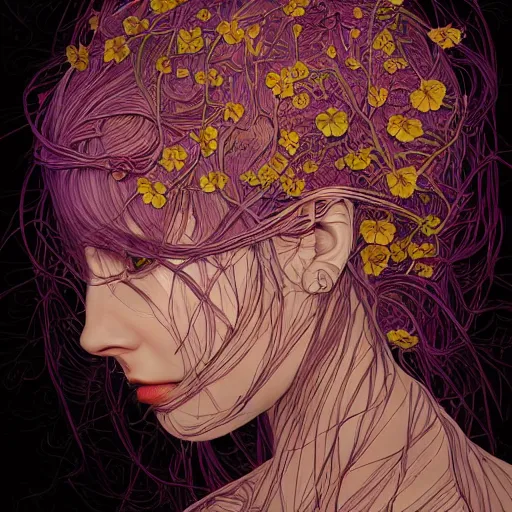 Image similar to the head of an unbelievably elegant and beautiful woman partially made of potatoes roots and violets, an ultrafine detailed illustration by james jean, final fantasy, intricate linework, bright colors, behance contest winner, vanitas, angular, altermodern, unreal engine 5 highly rendered, global illumination, radiant light, detailed and intricate environment