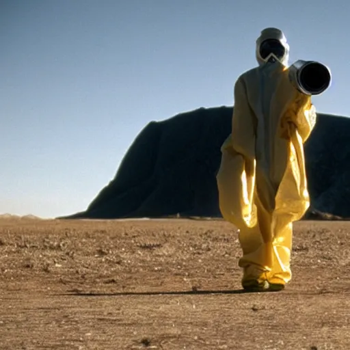 Image similar to a man wearing a hazmat suit and gasmask, in the desert, film still, directed by vince gilligan