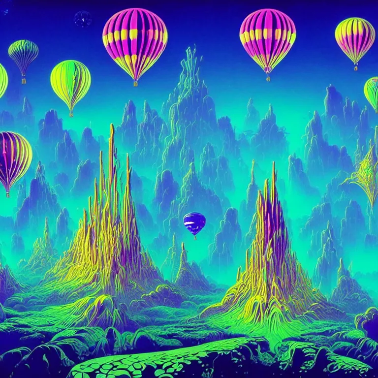 Image similar to mysterious balloons over mystical crystal temple, infinite fractal tesseract, quantum waves, synthwave, bright neon colors, highly detailed, cinematic, eyvind earle, tim white, philippe druillet, roger dean, ernst haeckel, lisa frank, aubrey beardsley, kubrick