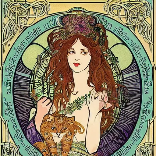 Prompt: lady with long curly hair with a cat beside her, with celtic spread tarot cards on a table in front of her, in a gypsy tent with Alphonse Mucha art nouveau poster style, with thin lines and pastel colors,