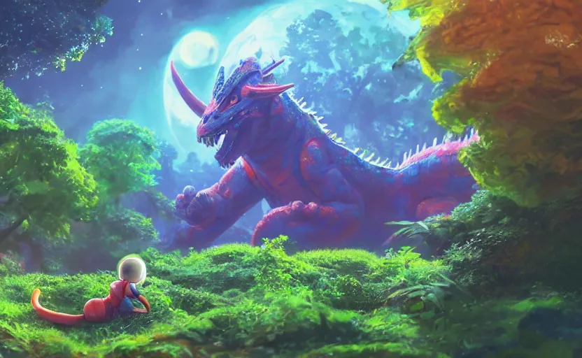 Image similar to a still of a cute adorable tiny astronaut, on a planet of lush colorful foliage, with an enormous kaiju dragon surrounding the full background, magical forest, sharp focus, neon backlit, highly detailed, disney pixar studio ghibli makoto shinkai, digital painting, matte, octane render, global illumination, iridescent, anime, 8 k concept art