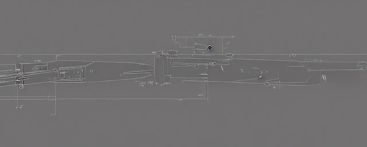 Image similar to diagram for a 1930's ray gun with fins, blueprint style, panoramic view