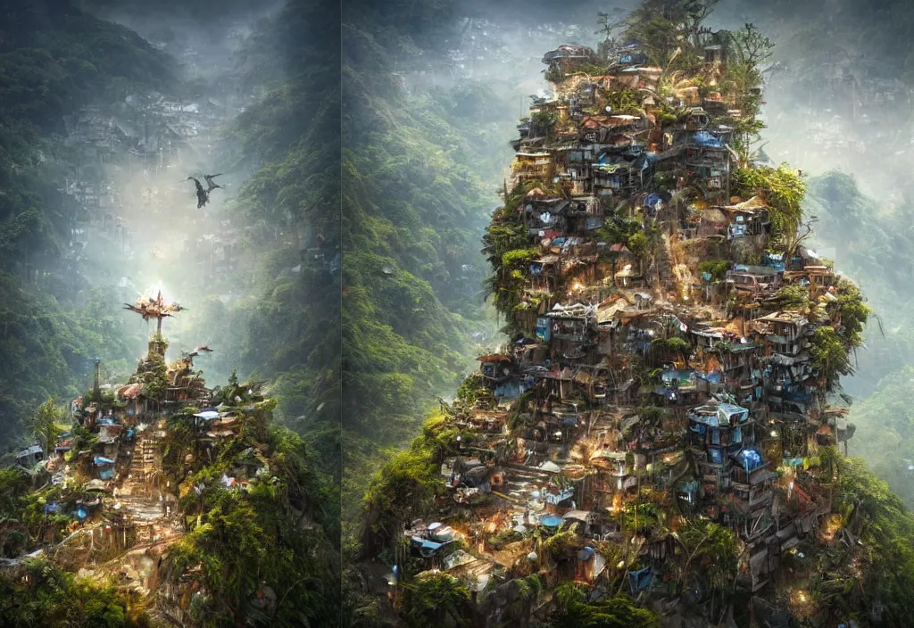 Image similar to photorealistic symetric favela rio in middle of jungle and mountains by ellen jewett, tomasz alen kopera and Justin Gerard