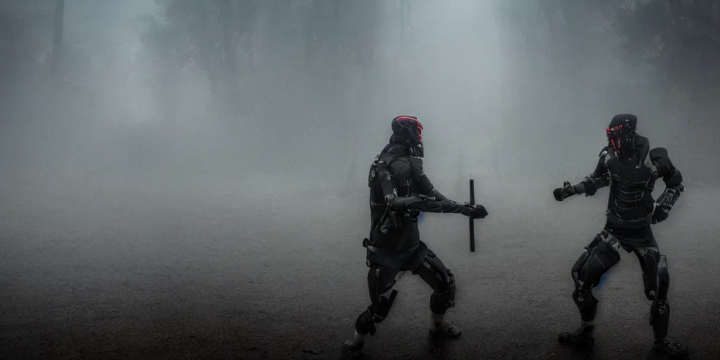 Image similar to 2 warriors in de exoskeletons battling each other in heavy rain, ground fog, moody lighting, 8 k, lightning, shallow depth of field, cinematic lighting,