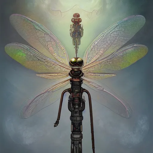 Image similar to hyperreal ultra detailed intricate mechanical clockwork dragonfly by peter mohrbacher and dan mumford, cgsociety, volumetric light