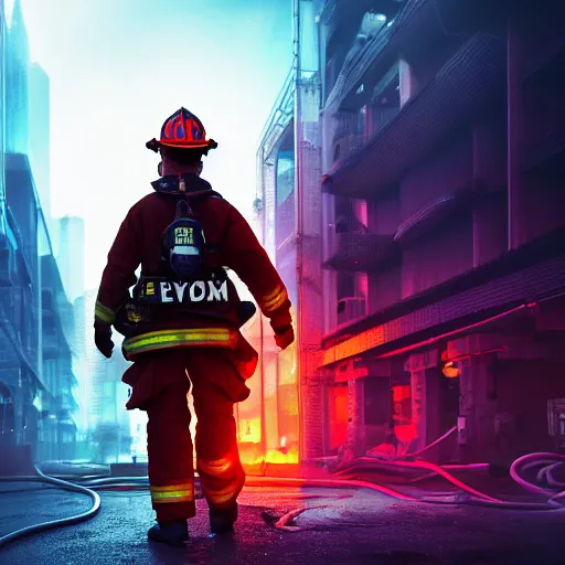 Image similar to cyberpunk mushrom as a firefighter in the city in action, cinematic, high definition, digital art, artstasion, deep depth of field