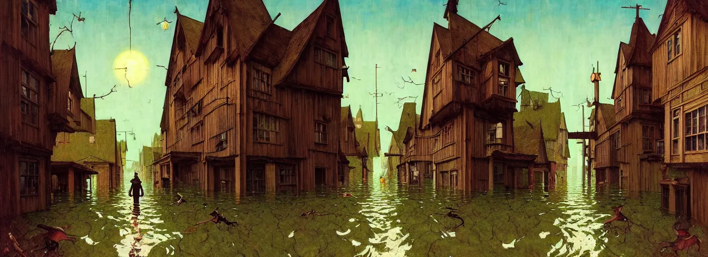 Image similar to flooded old wooden city street, very coherent and colorful high contrast masterpiece by norman rockwell franz sedlacek dean ellis simon stalenhag rene magritte gediminas pranckevicius hieronymus bosch, dark shadows, sunny day, hard lighting, reference sheet white background