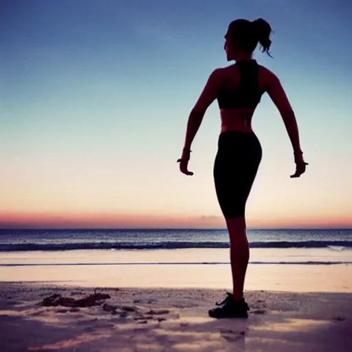 Image similar to “silhouette of fitness blogger doing exercise on the beach photorealistic ”