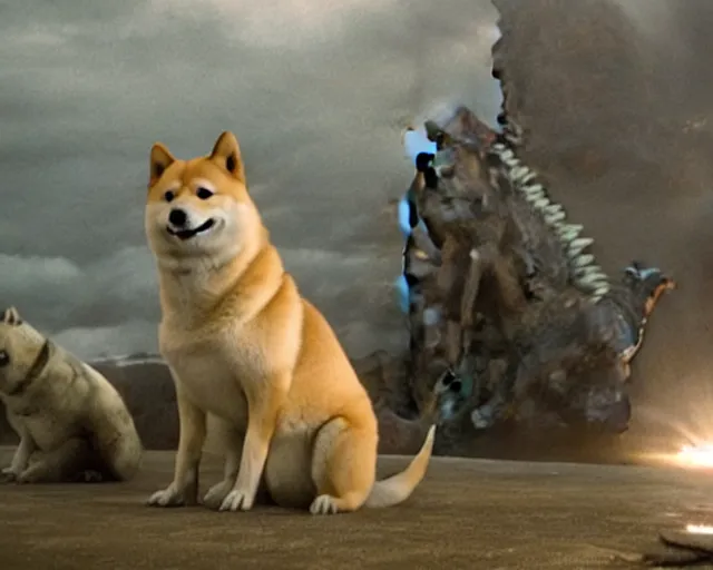 Image similar to godzilla as a shiba inu in a Godzilla: King of the Monsters still film directed by Christopher Nolan, shooting beams and toppling over cities, epic action scene