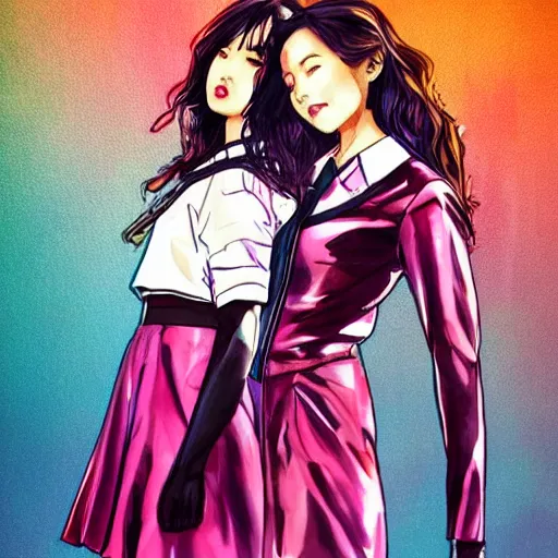 Prompt: a perfect, realistic professional digital sketch of two synthwave Japanese schoolgirls posing, in style of Marvel, full length, by pen and watercolor, by a professional American senior artist on ArtStation, a high-quality hollywood-style sketch, on high-quality paper