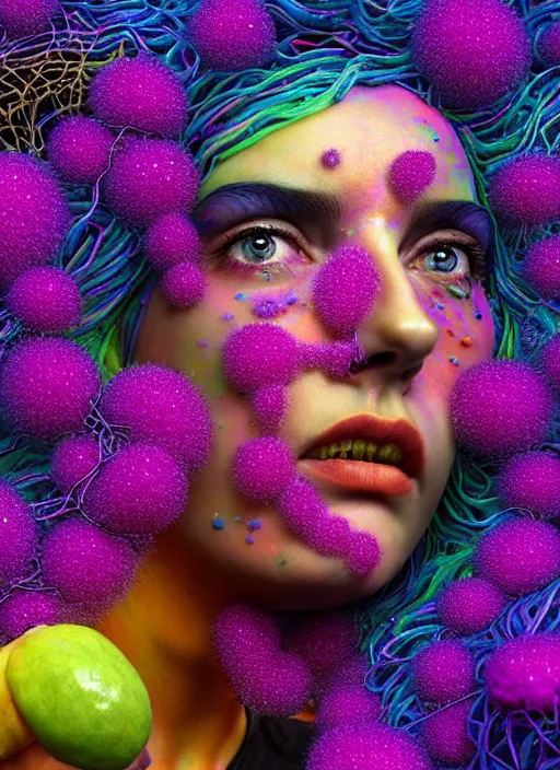 Prompt: hyper detailed 3d render like a Oil painting - Ramona Flowers in mascara seen Eating of the Strangling network of colorful yellowcake and aerochrome and milky Fruit and Her delicate Hands hold of gossamer polyp blossoms bring iridescent fungal flowers whose spores black the foolish stars by Jacek Yerka, Mariusz Lewandowski, Houdini algorithmic generative render, Abstract brush strokes, Masterpiece, Edward Hopper and James Gilleard, Zdzislaw Beksinski, Mark Ryden, Wolfgang Lettl, Dan Hiller, hints of Yayoi Kasuma, octane render, 8k