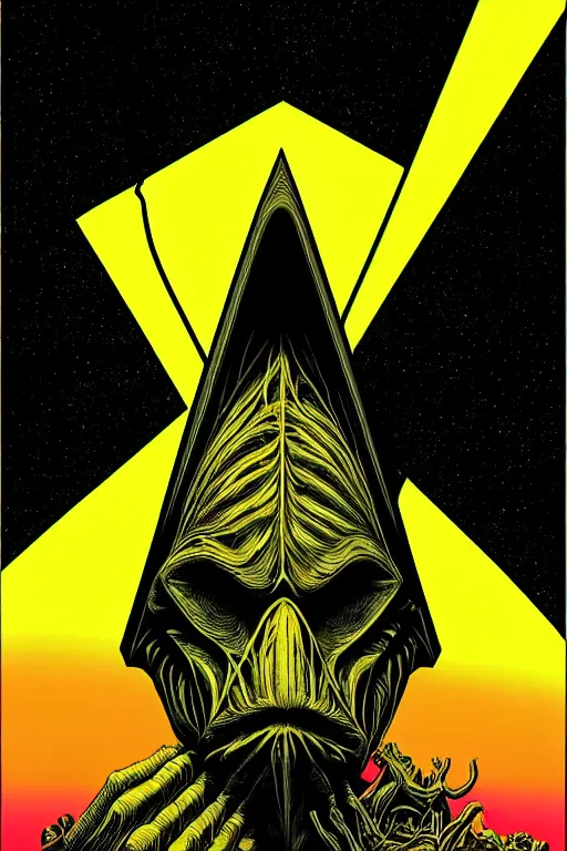 Image similar to portrait of black and yellow technicolor grainshading print by dan mumford, goblinko, richard corben, wayne barlowe, moebius, heavy metal comic cover art, psychedelic triangular skeleton, very intricate, thick outline, full body, symmetrical face, long black crown, in a shapes background, galactic dark colors