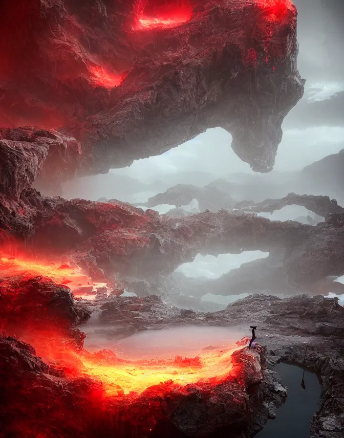 Image similar to infinity pool in hell. intricate artwork by artstation. halo. octane render, cinematic, hyper realism, octane render, 8k, depth of field, bokeh, demonic, dark, devil, demons, mist, red illuminating fog, rocks, red and black colour scheme.