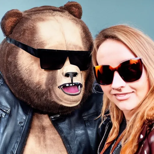 Prompt: a photo of an oversized grizzly bear wearing sunglasses and a leather jacket being interviewed on a podcast show