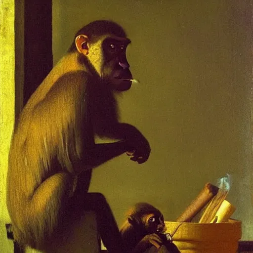 Image similar to Monkey smoking!!!!!!!! a Cuban cigar, oil on canvas, by Johannes Vermeer