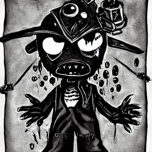 Prompt: dark art grunge cartoon drawing of a teddy bear with bloody eyes by - invader zim, loony toons style, horror theme, detailed, elegant, intricate