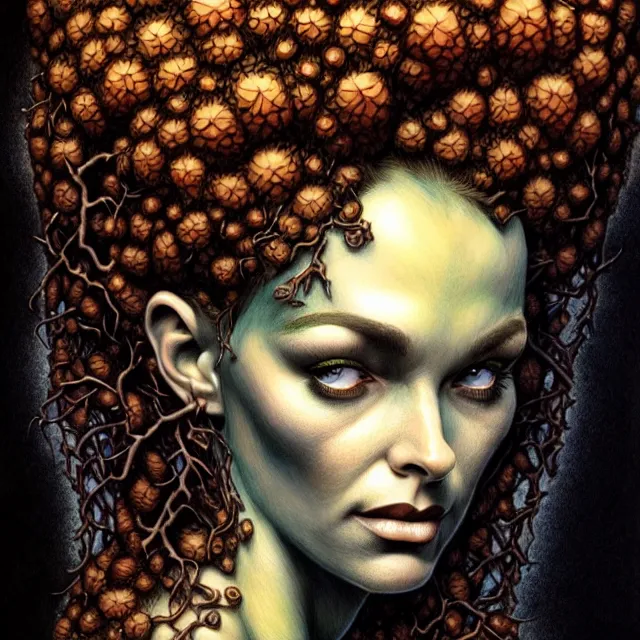 Prompt: portrait, attractive mutant dryad, digital tempera and pastels, dramatic lighting, extremely high detail, pen and ink, intricate illustration, by Stephen Bradbury, Frank Frazetta,Wendy Froud, John Picacio, artstation, WLOP, Pixiv