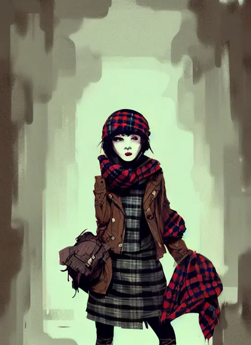 Image similar to highly detailed portrait of a sewer ( ( emo punk ) ) lady student, beanie, tartan scarf, curly hair by atey ghailan, by greg rutkowski, by greg tocchini, by james gilleard, by joe fenton, by kaethe butcher, gradient red, black, brown and cream color scheme, grunge aesthetic!!! graffiti tag wall background