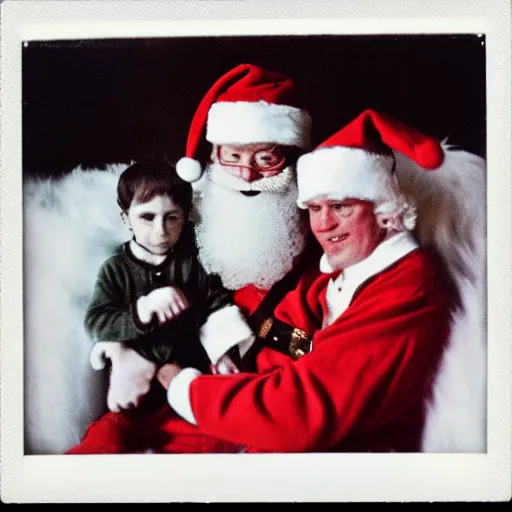 Image similar to santa claus with an evil looking demonic child on his lap, polaroid