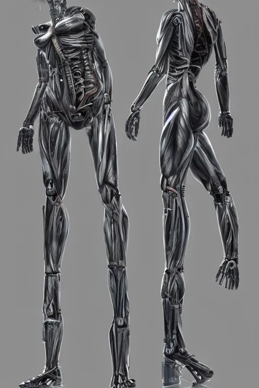 Prompt: full body female human anatomy concept, medical anatomy, cybernetic implants, gun metal grey, mecha limbs, muscular system reference, terminator tx, anatomical art, digital art, in the style of aaron sims, amanda lilleston, luka mivsek, bryan christie, ranjit ghosh, artstation, pinterest, deviantart, photoshop, octane render, unreal engine