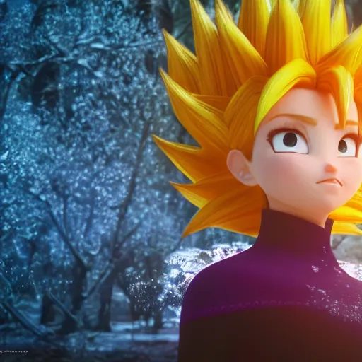 Prompt: portrait focus of ( ( angry super saiyan ) ) beautiful 3 d anime girl posing, frozen ice dark forest background, snowing, bokeh, inspired by masami kurumada, octane render, volumetric lighting