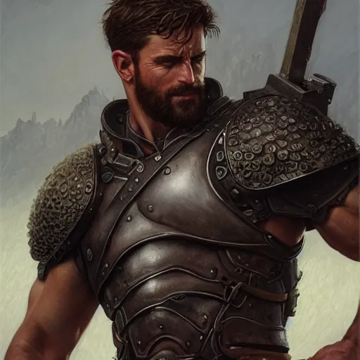 Image similar to rugged ranger’s thighs, handsome, lower body, cropped armor, muscular, exposed torso, closeup, D&D, fantasy, intricate, elegant, highly detailed, digital painting, artstation, concept art, matte, sharp focus, illustration, art by Artgerm and Greg Rutkowski and Alphonse Mucha