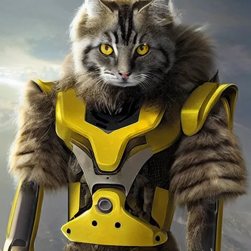 Image similar to humanoid with large cat-like features in futuristic space armor with force fields, yellow eyes, teeth that protrude past the lower lip and fine grayish fur on their faces and backs of their hands and carrying weapons, octane,