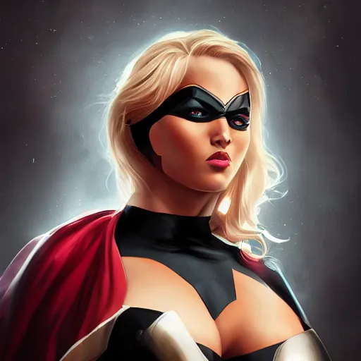 Prompt: stunning comic book style portrait painting of a super hero woman, full body, curvy, wide view, white blank eyes, 8k masterpiece, cinematic lighting, pristine and clean design, high fantasy, insanely detailed, atmospheric,