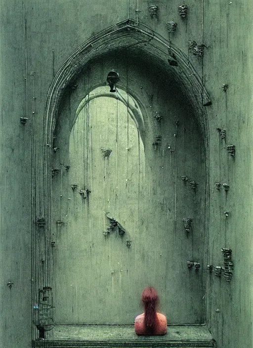 Image similar to girl inside birdcage by Beksinski