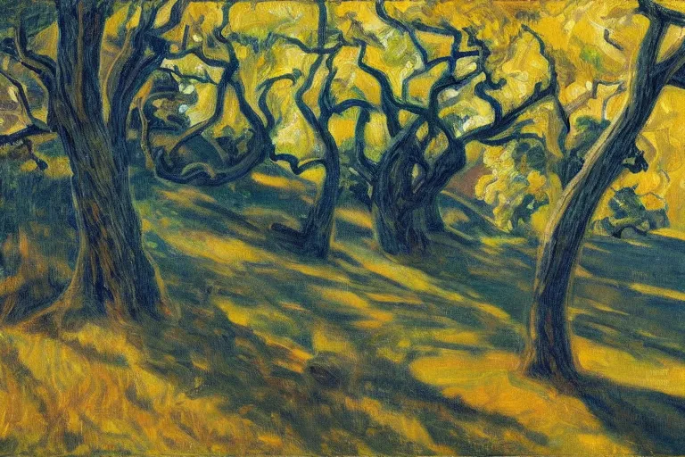 Prompt: masterpiece painting of oak trees on a hillside overlooking a creek, dramatic lighting, by giacomo balla