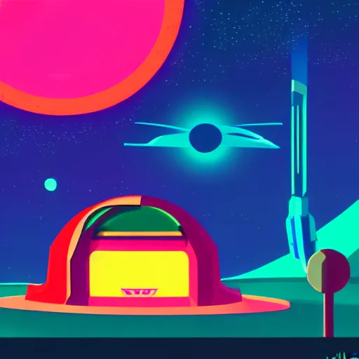 Image similar to a fancy spaceship abandoned on a alien planet, style by kurzgesagt