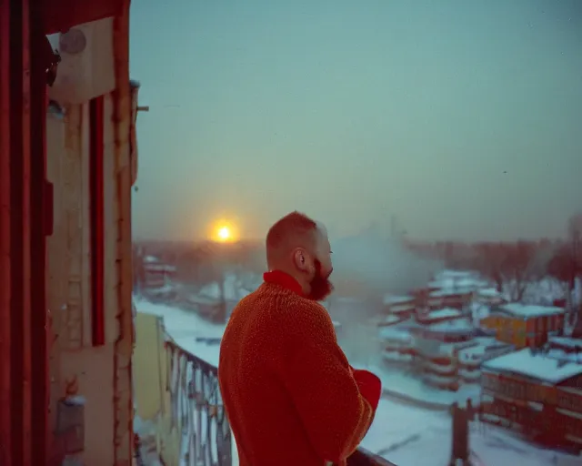 Prompt: lomo photo of 4 0 years russian man with beard and sweater standing on small hrushevka 9 th floor balcony full with cigarette smoke in winter taiga looking at sunset, cinestill, bokeh