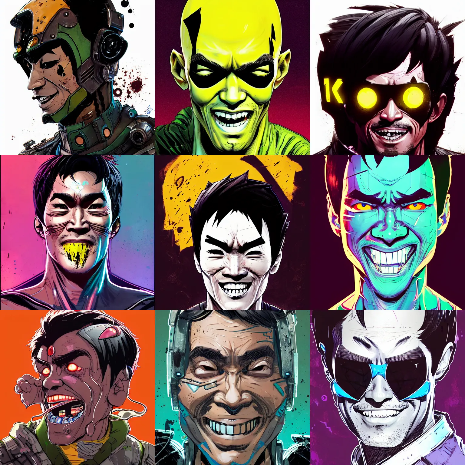 Prompt: cell shaded head portrait of smiling cyber bruce lee as Borderlands 3 concept art, llustration, post grunge, concept art by josan gonzales and wlop, by james jean, Victo ngai, David Rubín, Mike Mignola, Laurie Greasley, highly detailed, sharp focus,alien,Trending on Artstation, HQ, deviantart, art by artgem