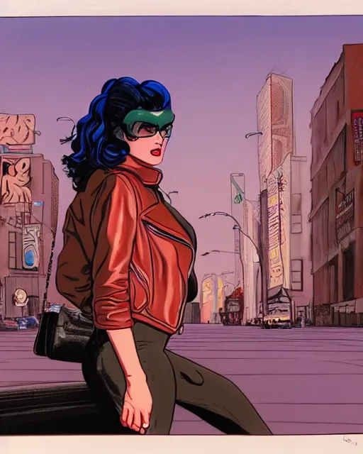 Image similar to portrait of an attractive young female protagonist wearing leather jacket, center focus, in city street, detailed artwork by ralph bakshi