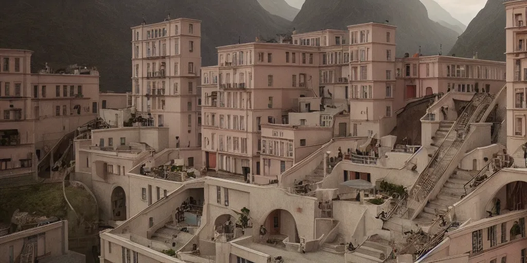 Prompt: a very high resolution image from a new movie, upside - down and criss - cross stairs, beautiful scenery, photorealistic, photography, directed by wes anderson